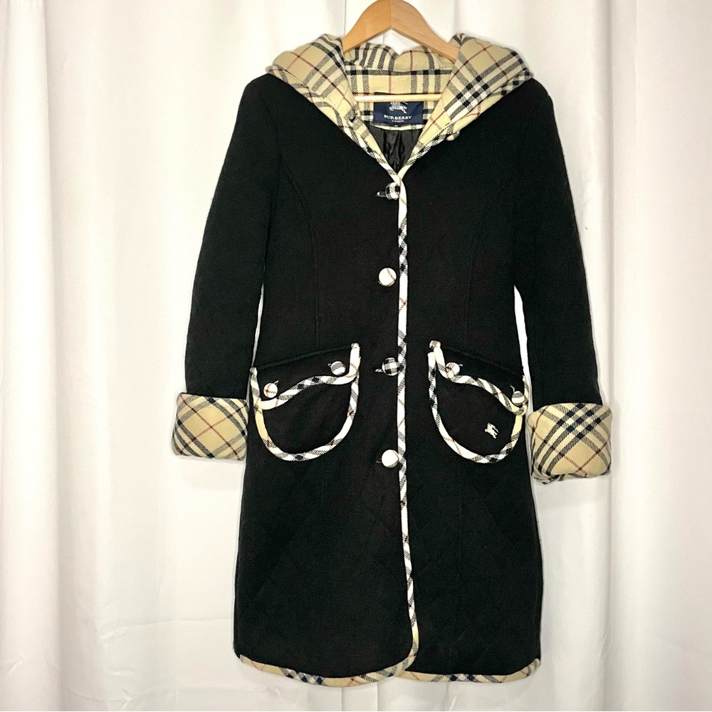 Burberry Black Quilted Sweater Coat with Beige Nova Check Trim